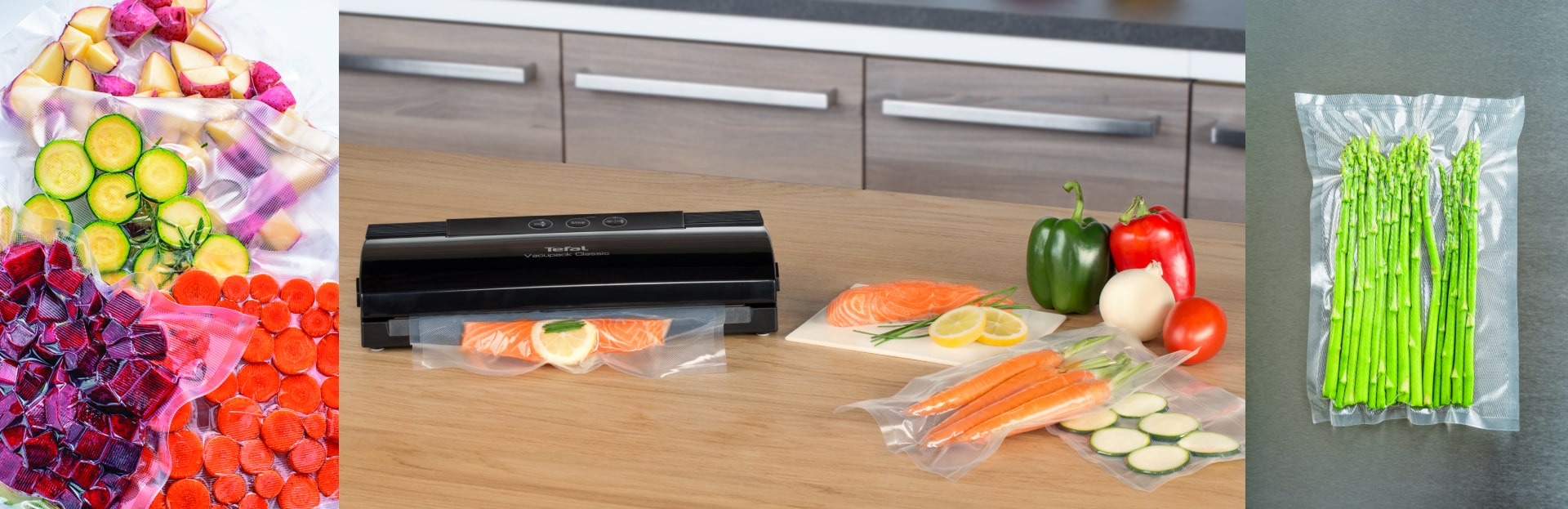 Вакуумний пакувальник Tefal Classic на столі із запакованими овочами, м'ясом та рибою.