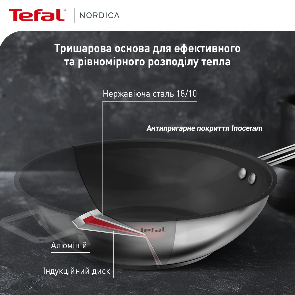 ᐉ Сковорода ВОК Tefal Nordica 28 см H8711955 ➡ купити в Україні