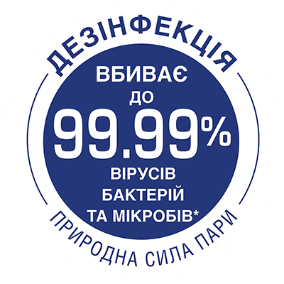 Дезінфекція. Вбиває до 99,99% вірусів, бактерій та мікробів*. Природна сила пари